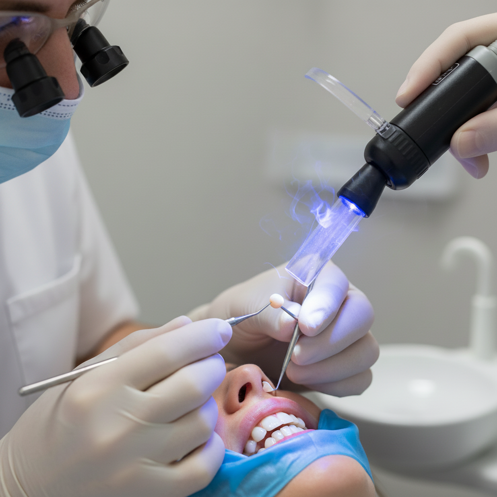 Composite Bonding Cost NZ explained through the precise application and curing process by a dental professional.
