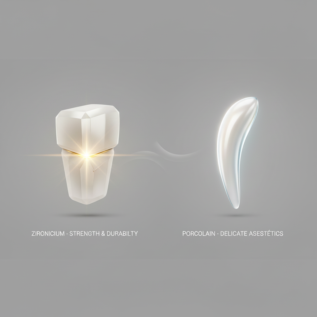 Zirconium Crowns Cost NZ compared with porcelain options, highlighting distinct material composition and aesthetic differences.