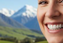 A close-up, photorealistic image of a person smiling broadly and confidently, showcasing perfectly restored, natural-looking teeth. The background is a soft, out-of-focus scenic landscape depicting rolling green hills or mountains under a clear sky, characteristic of New Zealand, symbolizing wellness and local context.
