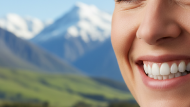 A close-up, photorealistic image of a person smiling broadly and confidently, showcasing perfectly restored, natural-looking teeth. The background is a soft, out-of-focus scenic landscape depicting rolling green hills or mountains under a clear sky, characteristic of New Zealand, symbolizing wellness and local context.