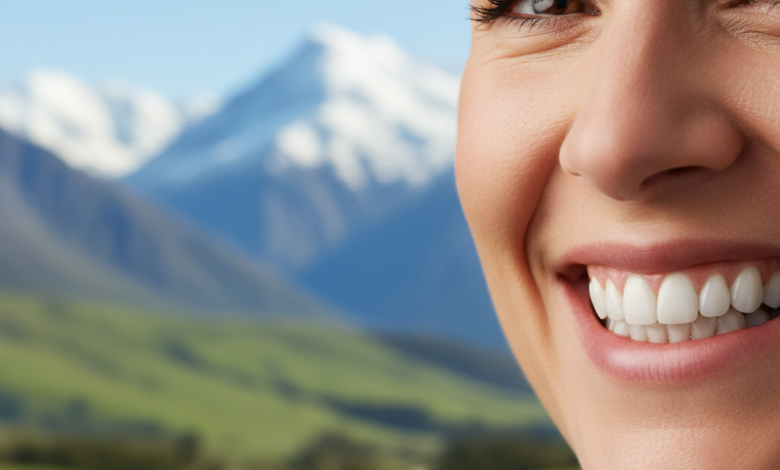 A close-up, photorealistic image of a person smiling broadly and confidently, showcasing perfectly restored, natural-looking teeth. The background is a soft, out-of-focus scenic landscape depicting rolling green hills or mountains under a clear sky, characteristic of New Zealand, symbolizing wellness and local context.