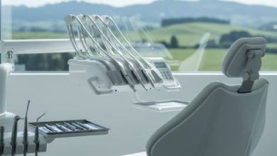 A pristine, modern dental chair in a bright, clean clinic. On a nearby tray, gleaming sterile dental instruments are neatly arranged. Through a softly blurred window in the background, a serene New Zealand landscape with green rolling hills and a clear sky is visible, conveying a sense of calm and quality care.