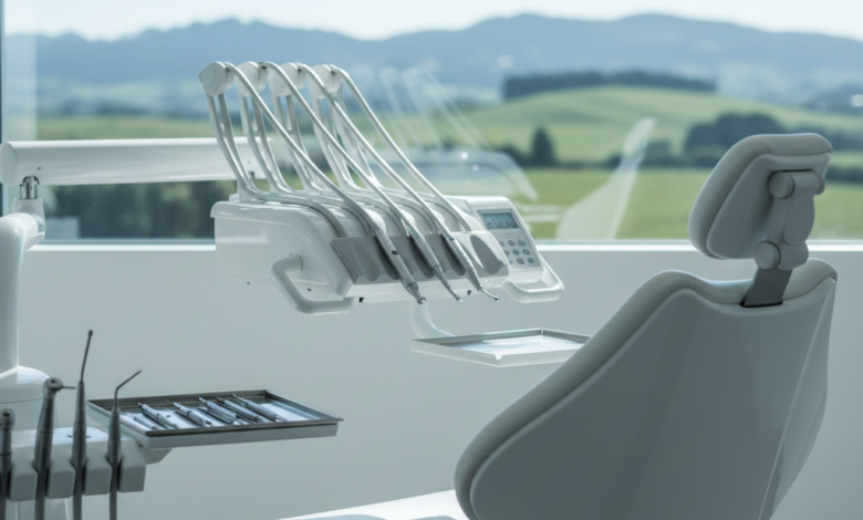 A pristine, modern dental chair in a bright, clean clinic. On a nearby tray, gleaming sterile dental instruments are neatly arranged. Through a softly blurred window in the background, a serene New Zealand landscape with green rolling hills and a clear sky is visible, conveying a sense of calm and quality care.