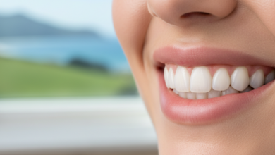 Close-up of a person's natural, healthy, and radiant smile with bright, evenly shaped teeth, indicative of successful cosmetic dentistry. The background is a highly blurred modern dental clinic interior, with a very soft and indistinct hint of green natural landscape, suggesting New Zealand.