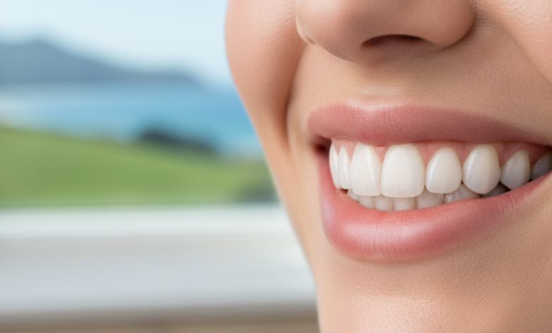Close-up of a person's natural, healthy, and radiant smile with bright, evenly shaped teeth, indicative of successful cosmetic dentistry. The background is a highly blurred modern dental clinic interior, with a very soft and indistinct hint of green natural landscape, suggesting New Zealand.