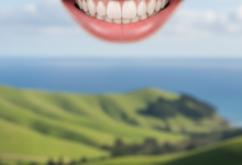 Close-up of a healthy, natural-looking smile with perfectly restored teeth, conveying confidence and oral health. A very softly blurred, indistinct New Zealand landscape is visible in the background.
