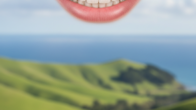 Close-up of a healthy, natural-looking smile with perfectly restored teeth, conveying confidence and oral health. A very softly blurred, indistinct New Zealand landscape is visible in the background.
