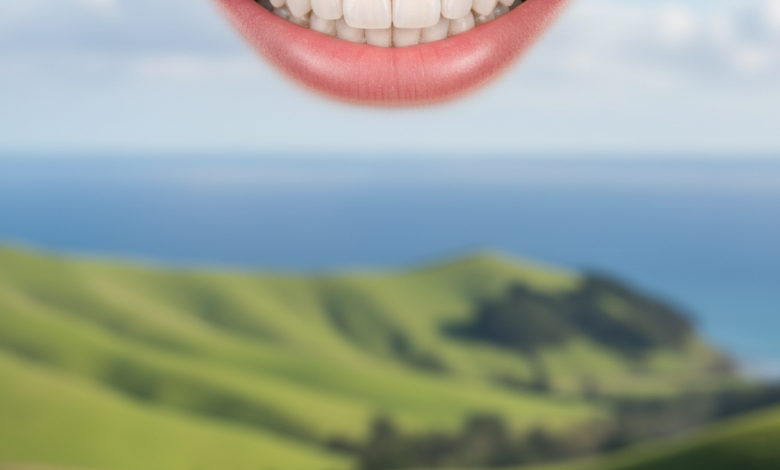 Close-up of a healthy, natural-looking smile with perfectly restored teeth, conveying confidence and oral health. A very softly blurred, indistinct New Zealand landscape is visible in the background.