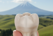 Close-up of a natural-looking dental crown on a molar tooth, set against a softly blurred background featuring green rolling hills and a mountain range typical of New Zealand.