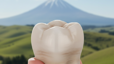 Close-up of a natural-looking dental crown on a molar tooth, set against a softly blurred background featuring green rolling hills and a mountain range typical of New Zealand.