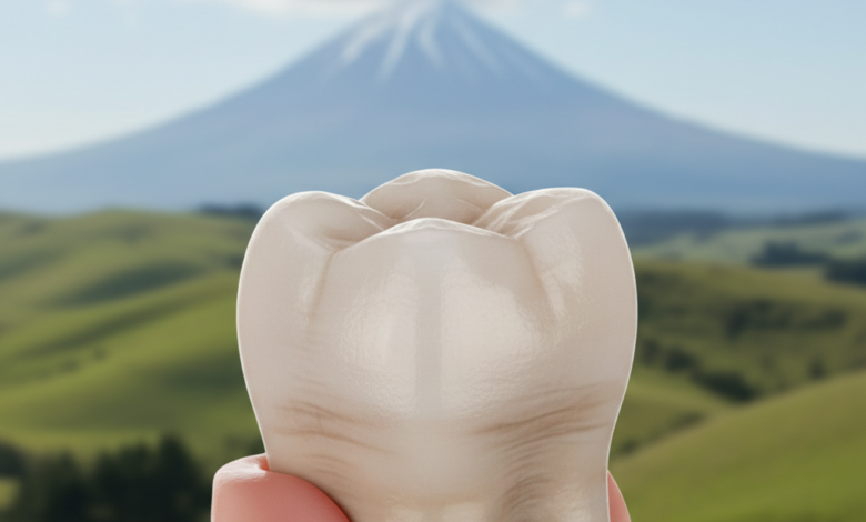 Close-up of a natural-looking dental crown on a molar tooth, set against a softly blurred background featuring green rolling hills and a mountain range typical of New Zealand.
