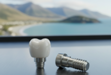 Close-up, photorealistic image of a gleaming dental crown, abutment, and titanium implant post, representing modern dental implant technology. The components are arranged sequentially to illustrate the step-by-step process. In the deeply blurred background, a serene New Zealand landscape with mountains or coastline is faintly visible through a soft window, signifying the location. The image conveys precision, health, and advanced dental restoration.