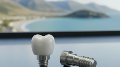 Close-up, photorealistic image of a gleaming dental crown, abutment, and titanium implant post, representing modern dental implant technology. The components are arranged sequentially to illustrate the step-by-step process. In the deeply blurred background, a serene New Zealand landscape with mountains or coastline is faintly visible through a soft window, signifying the location. The image conveys precision, health, and advanced dental restoration.