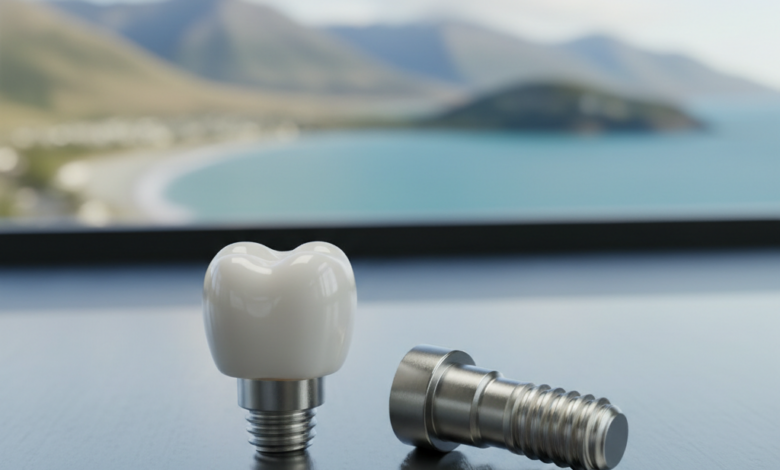 Close-up, photorealistic image of a gleaming dental crown, abutment, and titanium implant post, representing modern dental implant technology. The components are arranged sequentially to illustrate the step-by-step process. In the deeply blurred background, a serene New Zealand landscape with mountains or coastline is faintly visible through a soft window, signifying the location. The image conveys precision, health, and advanced dental restoration.