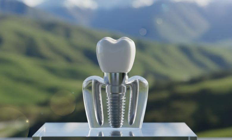 A photorealistic image of a detailed dental implant model showing the titanium post, abutment, and ceramic crown, resting on a clean, light surface. The background is a deeply blurred, soft-focus view of iconic green rolling hills or mountains of New Zealand, conveying the topic of dental implant costs and guidance in the region.