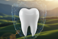 A close-up, photorealistic image of a perfectly white molar tooth, representing oral health. In the softly blurred mid-ground, abstract digital graphics or a translucent protective shield symbolize financial coverage and insurance. The background is a deeply blurred, sun-drenched New Zealand landscape featuring gentle green hills and distant mountains, providing geographical context.