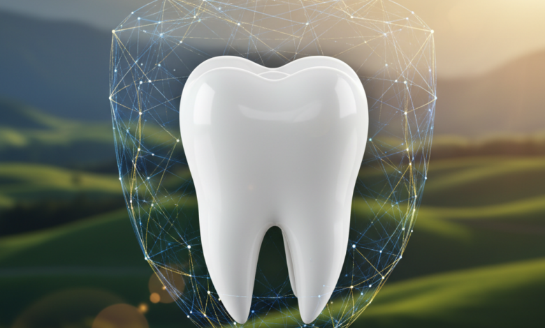 A close-up, photorealistic image of a perfectly white molar tooth, representing oral health. In the softly blurred mid-ground, abstract digital graphics or a translucent protective shield symbolize financial coverage and insurance. The background is a deeply blurred, sun-drenched New Zealand landscape featuring gentle green hills and distant mountains, providing geographical context.