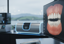 A photorealistic, close-up image of a modern intraoral scanner on a clean surface next to a monitor displaying a detailed 3D digital model of teeth. The background is a blurred, high-tech dental clinic with a subtle hint of green New Zealand landscape through a window. No text is visible.