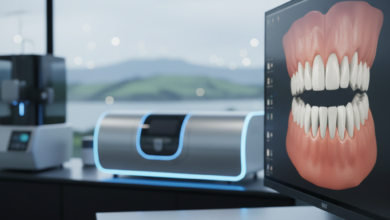 A photorealistic, close-up image of a modern intraoral scanner on a clean surface next to a monitor displaying a detailed 3D digital model of teeth. The background is a blurred, high-tech dental clinic with a subtle hint of green New Zealand landscape through a window. No text is visible.