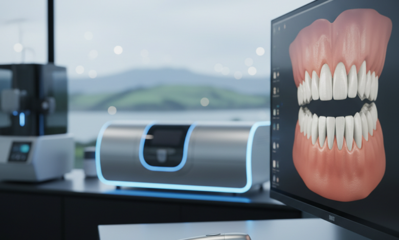 A photorealistic, close-up image of a modern intraoral scanner on a clean surface next to a monitor displaying a detailed 3D digital model of teeth. The background is a blurred, high-tech dental clinic with a subtle hint of green New Zealand landscape through a window. No text is visible.