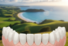 A conceptual, clean, and bright image of a healthy dental arch representing a perfect restored smile, with a soft-focus, scenic New Zealand landscape (green hills and coastline) in the blurred background. The image evokes confidence and modern dental care.