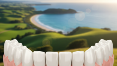 A conceptual, clean, and bright image of a healthy dental arch representing a perfect restored smile, with a soft-focus, scenic New Zealand landscape (green hills and coastline) in the blurred background. The image evokes confidence and modern dental care.