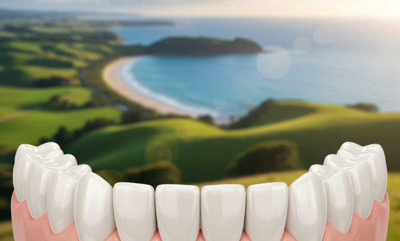A conceptual, clean, and bright image of a healthy dental arch representing a perfect restored smile, with a soft-focus, scenic New Zealand landscape (green hills and coastline) in the blurred background. The image evokes confidence and modern dental care.