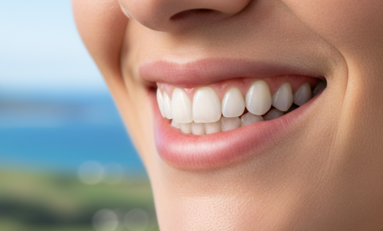Close-up of a person's mouth showcasing a healthy, radiant smile with perfectly contoured pink gums and bright white teeth. The background is a soft, out-of-focus natural landscape, subtly hinting at New Zealand scenery.