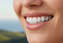 A close-up of a person's mouth displaying a beautiful, natural-looking smile with perfectly white and aligned teeth, signifying the results of dental veneers. The background is a highly blurred, out-of-focus hint of green New Zealand landscape.