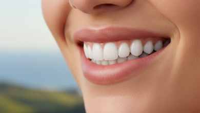 A close-up of a person's mouth displaying a beautiful, natural-looking smile with perfectly white and aligned teeth, signifying the results of dental veneers. The background is a highly blurred, out-of-focus hint of green New Zealand landscape.