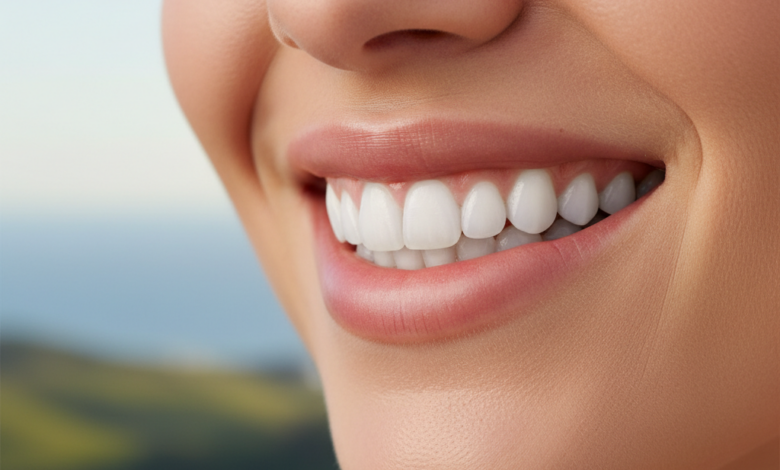 A close-up of a person's mouth displaying a beautiful, natural-looking smile with perfectly white and aligned teeth, signifying the results of dental veneers. The background is a highly blurred, out-of-focus hint of green New Zealand landscape.