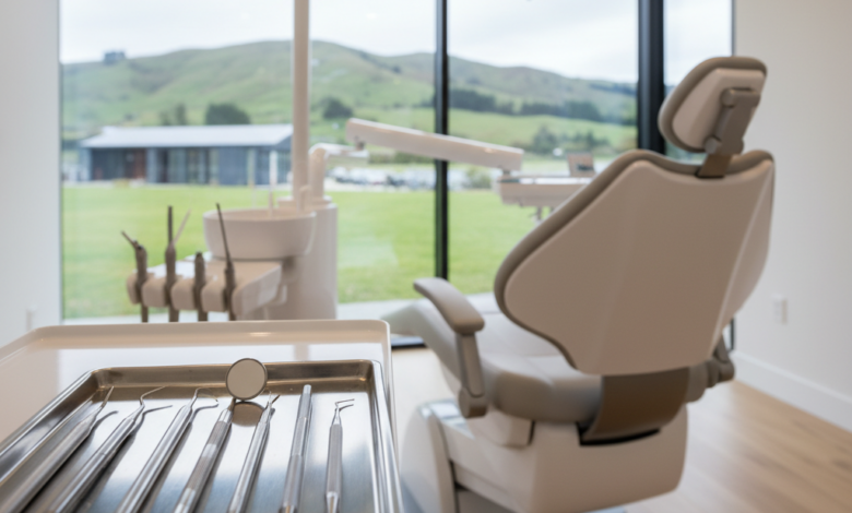 Close-up of sterile, modern dental instruments on a tray in a pristine dental clinic, with a blurred, soft New Zealand landscape visible through a window in the background, conveying professional dental care without any text.