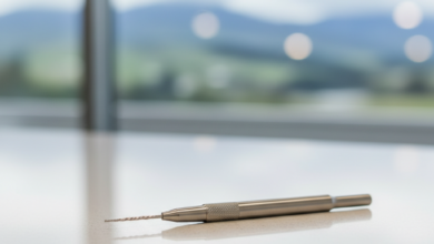 Close-up of a sterile, metallic dental instrument, like an endodontic file, resting on a clean white surface in a modern dental clinic, with a blurred, indistinct New Zealand landscape faintly visible through a distant window. The focus is sharp on the instrument, conveying precision and professionalism.