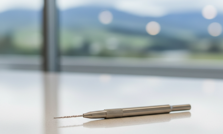 Close-up of a sterile, metallic dental instrument, like an endodontic file, resting on a clean white surface in a modern dental clinic, with a blurred, indistinct New Zealand landscape faintly visible through a distant window. The focus is sharp on the instrument, conveying precision and professionalism.