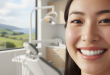 Close-up of a person's beautiful, healthy smile with perfectly aligned white teeth, in a bright, modern dental office. A blurred view of a New Zealand landscape is visible through a large window in the background, conveying professionalism and a serene environment.