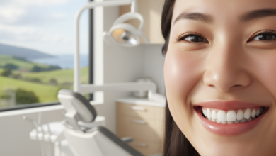 Close-up of a person's beautiful, healthy smile with perfectly aligned white teeth, in a bright, modern dental office. A blurred view of a New Zealand landscape is visible through a large window in the background, conveying professionalism and a serene environment.