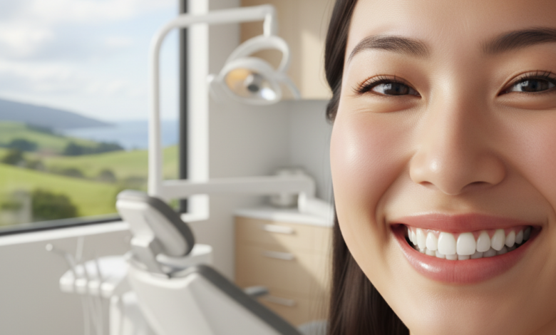 Close-up of a person's beautiful, healthy smile with perfectly aligned white teeth, in a bright, modern dental office. A blurred view of a New Zealand landscape is visible through a large window in the background, conveying professionalism and a serene environment.