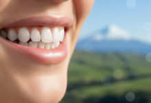 Close-up of a bright, healthy, radiant smile with perfectly white teeth, set against a softly blurred background featuring New Zealand's scenic green hills and a distant mountain peak. The image conveys natural beauty and well-being.