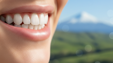 Close-up of a bright, healthy, radiant smile with perfectly white teeth, set against a softly blurred background featuring New Zealand's scenic green hills and a distant mountain peak. The image conveys natural beauty and well-being.