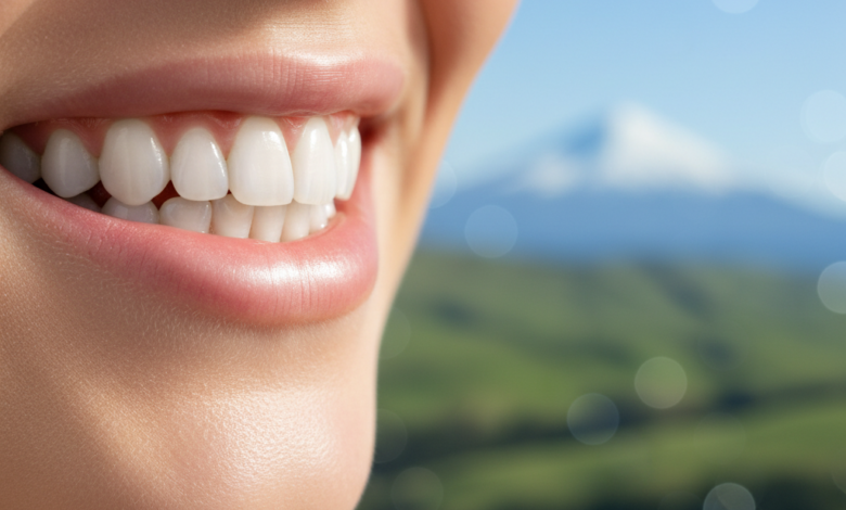 Close-up of a bright, healthy, radiant smile with perfectly white teeth, set against a softly blurred background featuring New Zealand's scenic green hills and a distant mountain peak. The image conveys natural beauty and well-being.