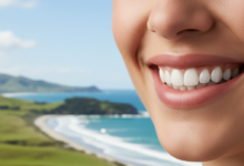 Close-up of a person's bright, confident smile with perfectly aligned, healthy-looking teeth, set against a soft-focus, blurred natural landscape of New Zealand.