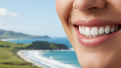 Close-up of a person's bright, confident smile with perfectly aligned, healthy-looking teeth, set against a soft-focus, blurred natural landscape of New Zealand.