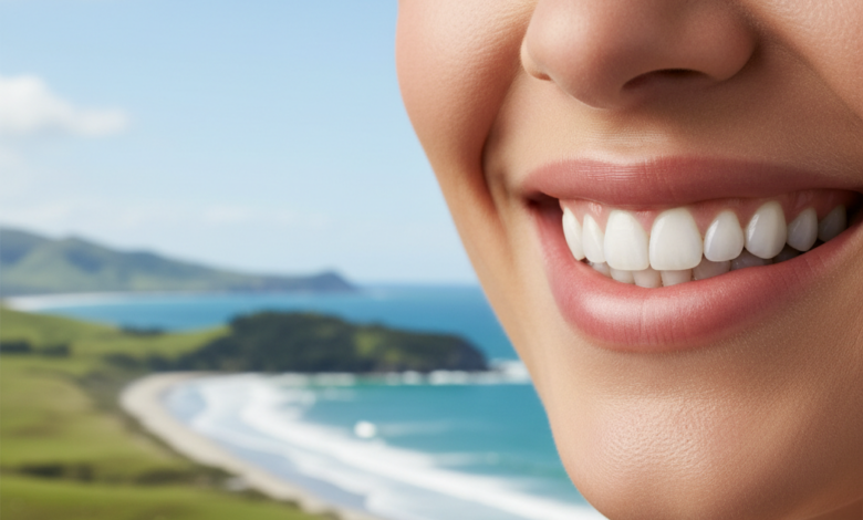 Close-up of a person's bright, confident smile with perfectly aligned, healthy-looking teeth, set against a soft-focus, blurred natural landscape of New Zealand.