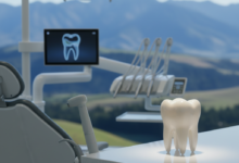 A photorealistic image of a sophisticated dental clinic interior with modern, gleaming equipment like a dental chair and scanner in the foreground, alongside a stylized healthy tooth. The background is softly blurred, showing an iconic New Zealand landscape, possibly mountains or a coastline. The scene conveys professionalism, advanced technology, and the high standards of dental care, reflecting the topic of dental treatment costs in New Zealand, with no visible text.