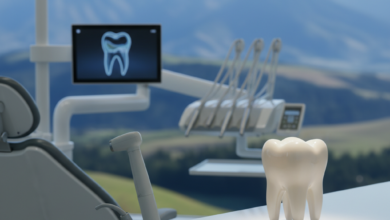 A photorealistic image of a sophisticated dental clinic interior with modern, gleaming equipment like a dental chair and scanner in the foreground, alongside a stylized healthy tooth. The background is softly blurred, showing an iconic New Zealand landscape, possibly mountains or a coastline. The scene conveys professionalism, advanced technology, and the high standards of dental care, reflecting the topic of dental treatment costs in New Zealand, with no visible text.
