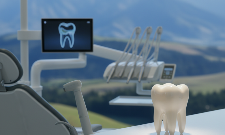 A photorealistic image of a sophisticated dental clinic interior with modern, gleaming equipment like a dental chair and scanner in the foreground, alongside a stylized healthy tooth. The background is softly blurred, showing an iconic New Zealand landscape, possibly mountains or a coastline. The scene conveys professionalism, advanced technology, and the high standards of dental care, reflecting the topic of dental treatment costs in New Zealand, with no visible text.