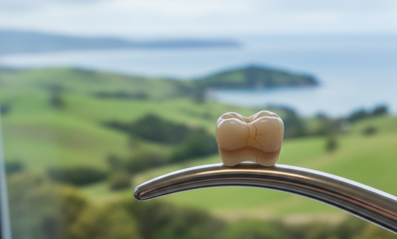 Close-up of a modern, natural-looking dental crown, showcasing its high-quality finish and material. In the out-of-focus background, a serene New Zealand landscape with green hills is softly visible, connecting the dental topic to the local context.