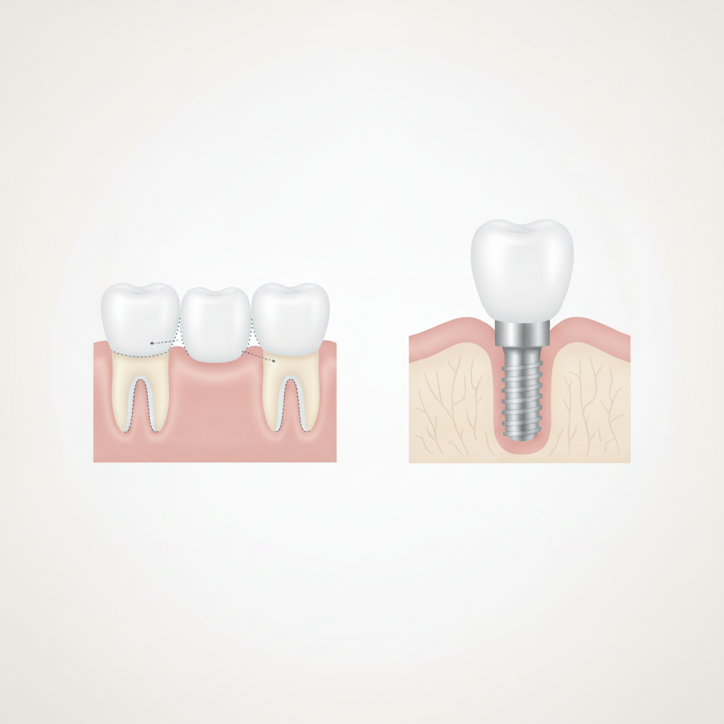 Visualizing dental bridge and implant differences. Dental Bridges vs Implants NZ: A visual comparison of two common tooth replacement options.