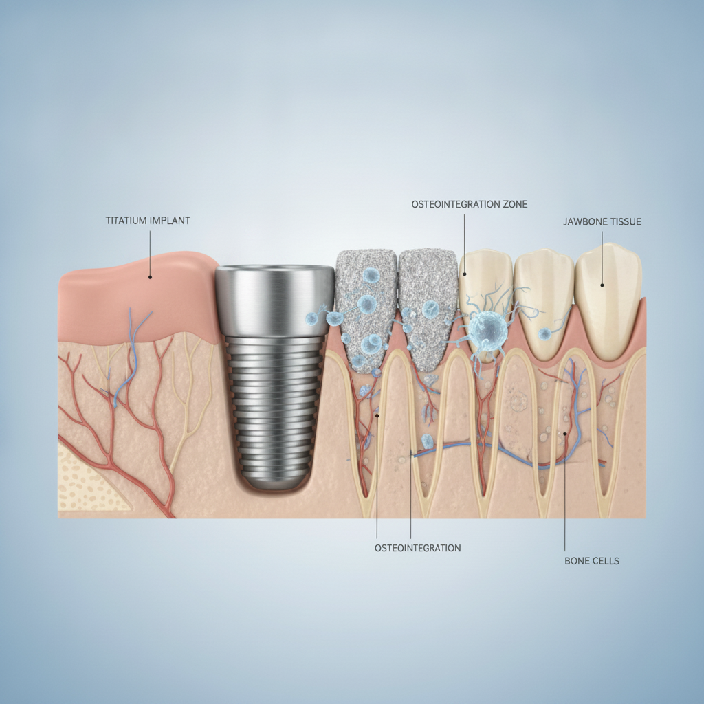 Dental implant integrating with jawbone How Long Do Dental Implants Take NZ? Osseointegration shows the implant fusing biologically with jawbone tissue.