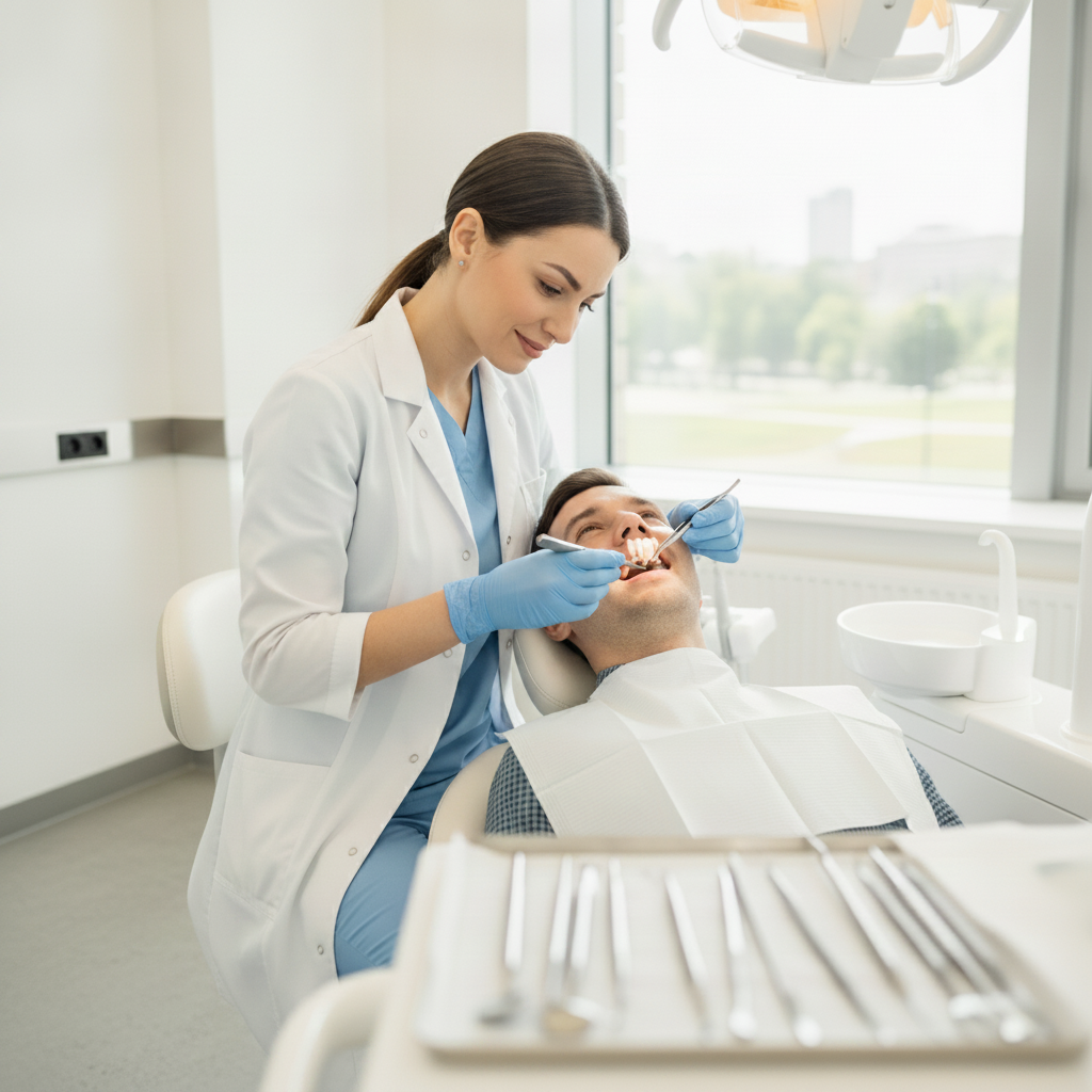 Final dental implant crown placement How Many Visits Are Needed for Implants NZ? A dentist carefully fits a custom permanent crown onto an implant.